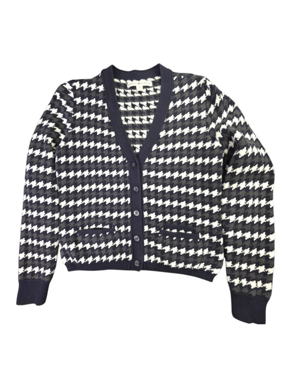 Tommy Hilfiger Cardigan Sweater Womens L Blue Houndstooth Cotton Academia Preppy